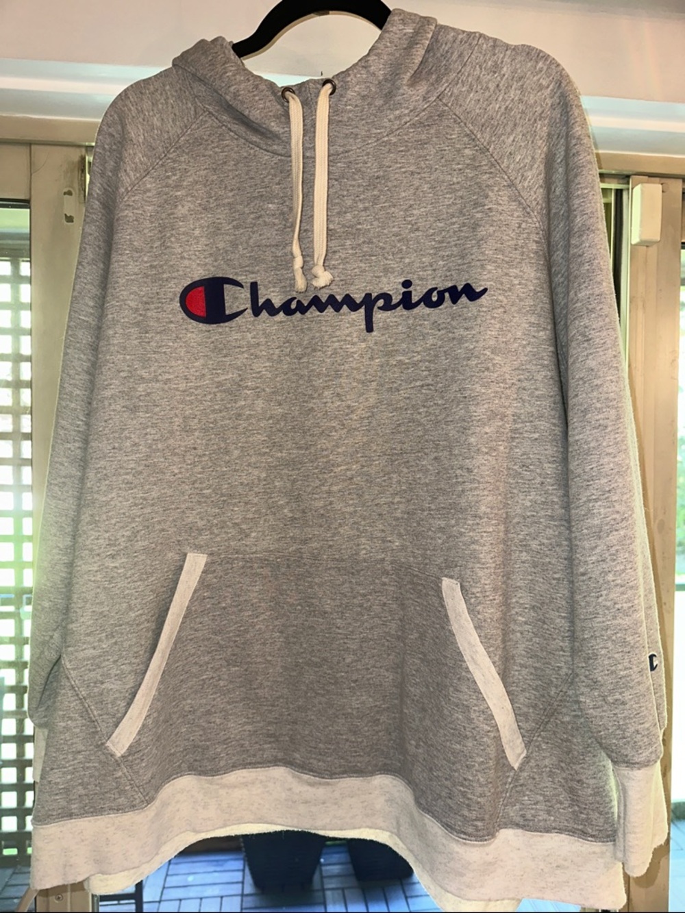 Champion Heather Gray Hoodie with Navy & Red Logo
